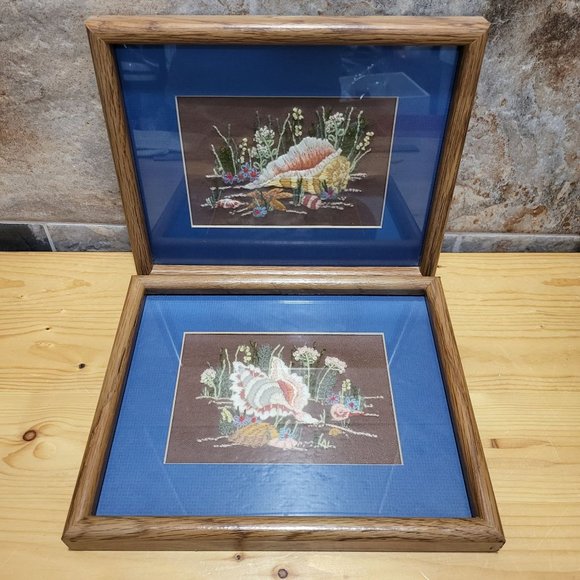 VTG Crewel Embroidery Pair Seashells Wildflowers Framed Hanging Wall Decor - Picture 3 of 13